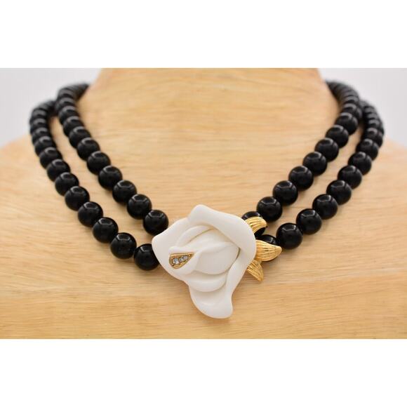 KJL for Avon Jewelry - KJL Avon Necklace Collar White Rose Black Beaded Gold Tone Crystal Signed 9A